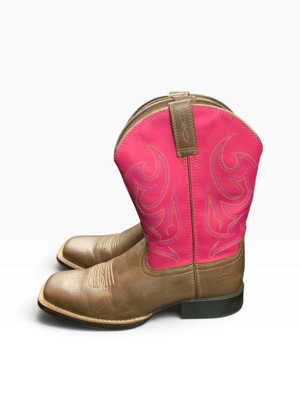 Ariat Girls Western Boots Size 4 Brown Pink Square Toe Cowboy Pull On 10029614